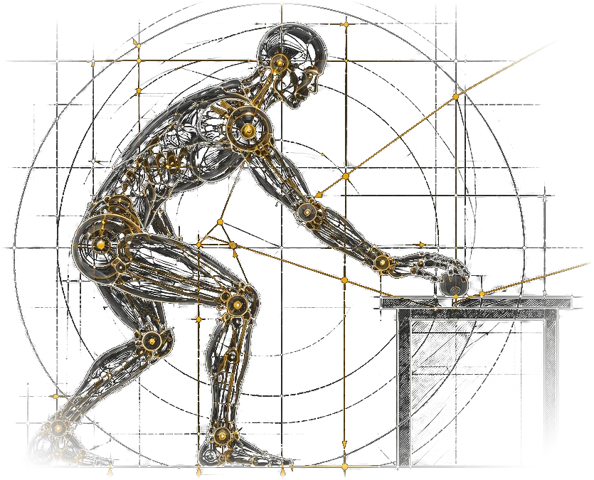Anatomical study of a person leaning forward to set a small object on a table, with gold markers at the fingertips, wrist, elbow, shoulder, hips, knees and ankles.